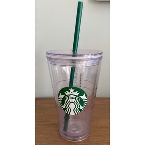 Starbucks Cold Cup Tumbler Clear Plastic Venti 16oz with Green‎ Straw Lid